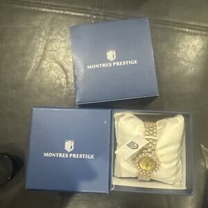 Montres Prestige Women’s Gold Tone Crystal Watch Two Tone Bracelet NIB